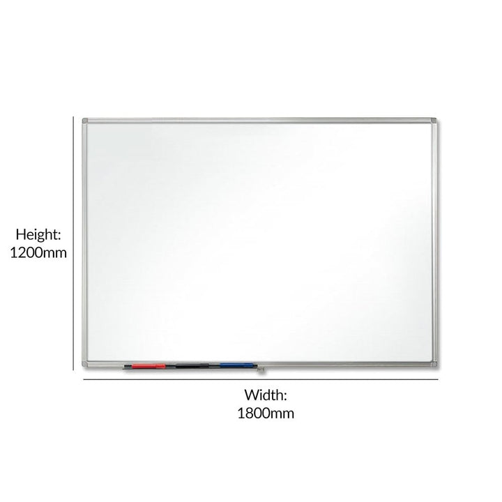 Durable 1800 x 1200mm magnetic coated steel whiteboard, ideal for displaying notes and ideas in offices, classrooms, or meeting rooms.
