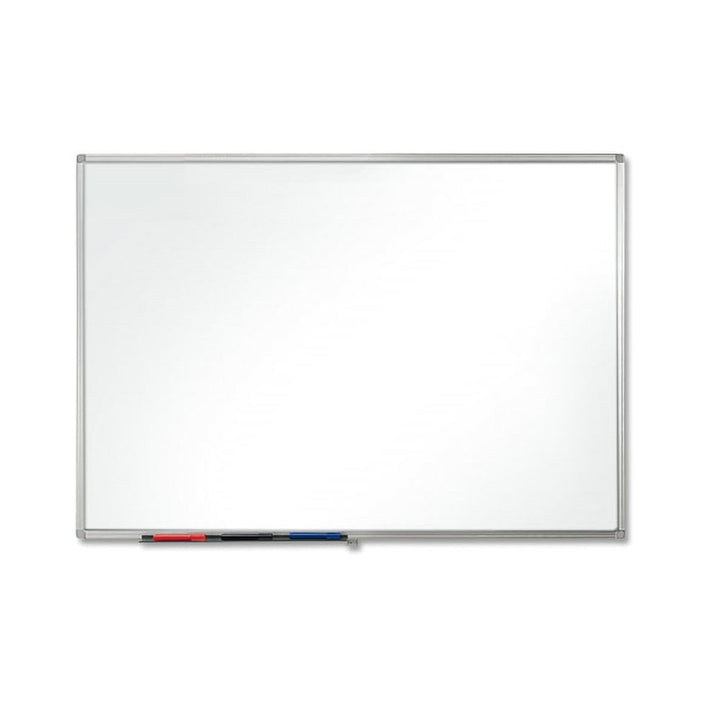 Sleek magnetic coated steel whiteboard, measuring 2400 x 1200mm, ideal for professional or educational spaces.
