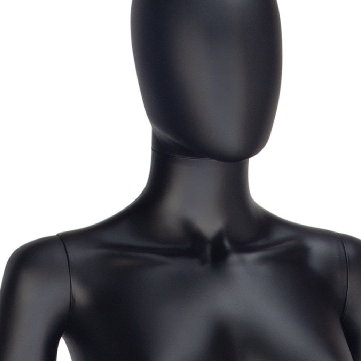 Modern upright female mannequin in matt black with an egg head style, ideal for showcasing clothing and accessories.
