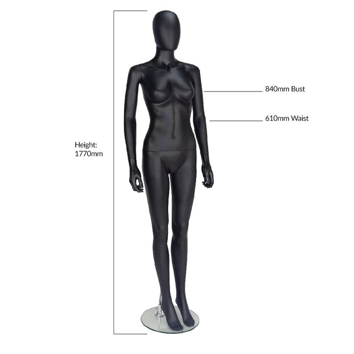 Contemporary matt black female mannequin with a smooth egg head, perfect for window and in-store displays.
