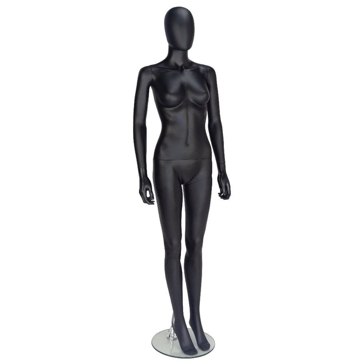 Sleek matt black female mannequin with an egg head design, standing upright for stylish retail displays.
