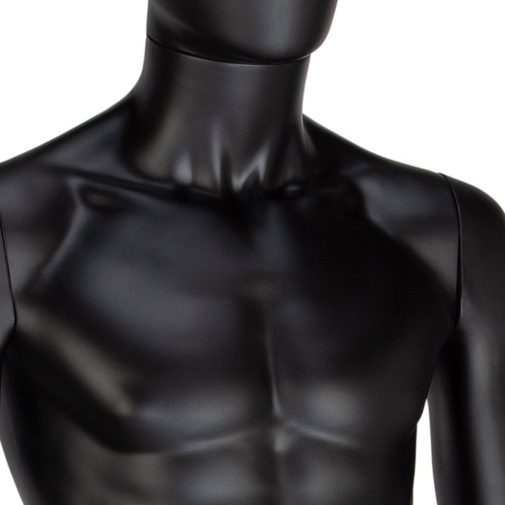 Modern upright male mannequin with an egg-shaped head, finished in sleek matt black for a contemporary display.