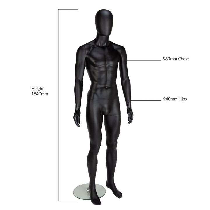Minimalist male mannequin in matt black with a smooth egg head, standing upright for an elegant display.