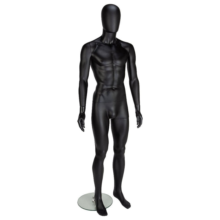 Matt black egg head male mannequin in an upright stance, ideal for fashion displays and retail presentations.