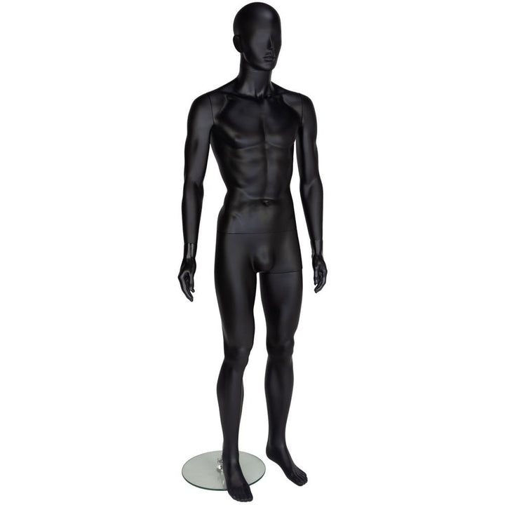 Sleek matt black male abstract mannequin with a modern, minimalist design, ideal for retail displays and fashion presentations.
