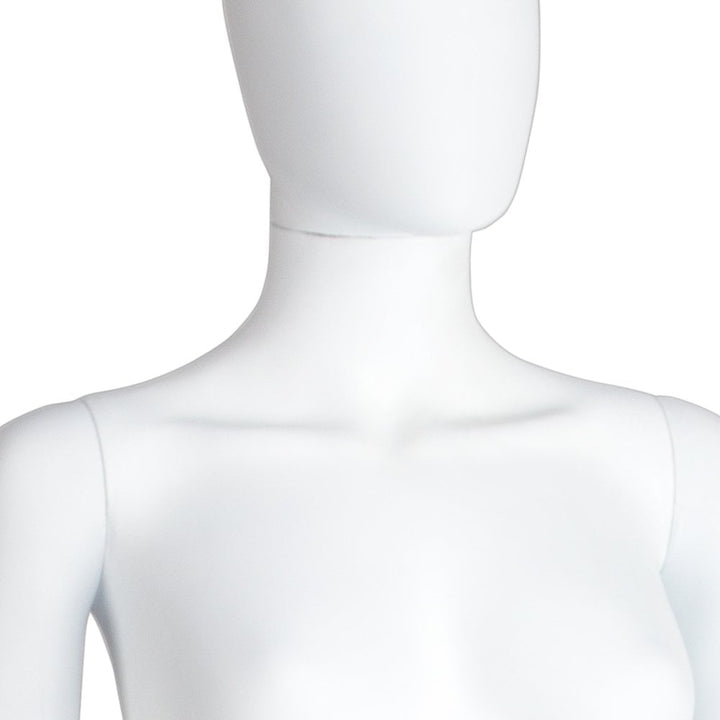 Sleek matt white standing female mannequin with an egg head design, ideal for shop displays and visual merchandising.
