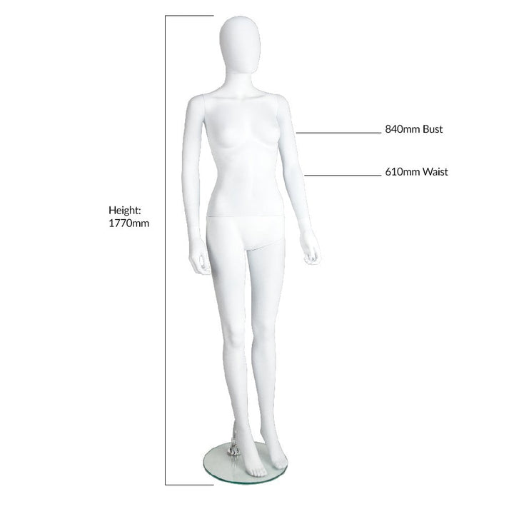 Modern upright female mannequin with a smooth egg head and matt white finish, designed for stylish fashion presentations.
