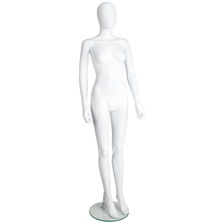 Matt white egg head female mannequin in an upright pose, perfect for displaying fashion in retail stores and exhibitions.
