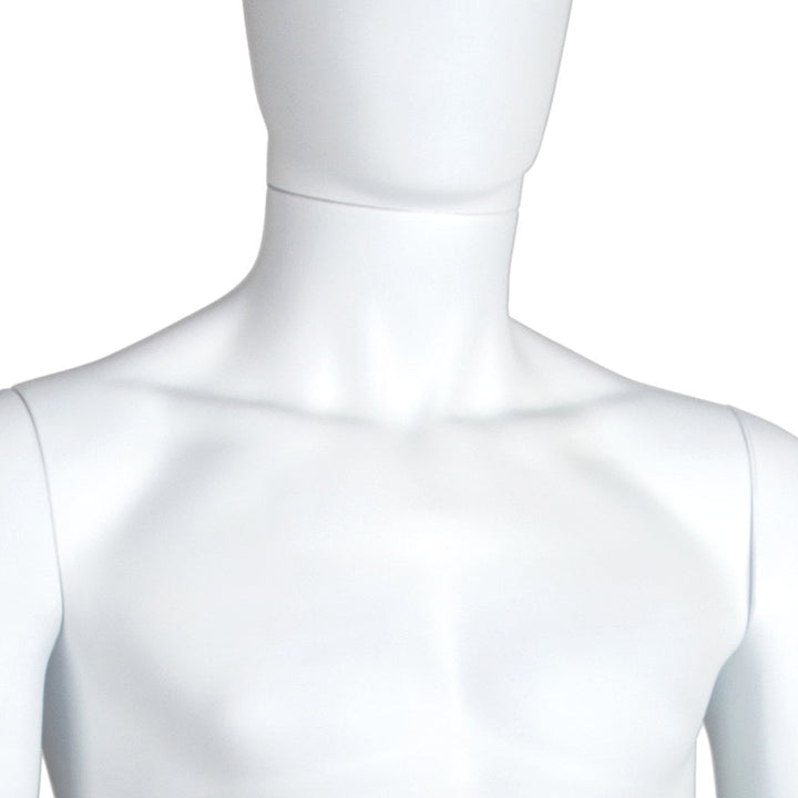 Sleek matt white male mannequin with an egg head design, standing upright for professional clothing presentations.
