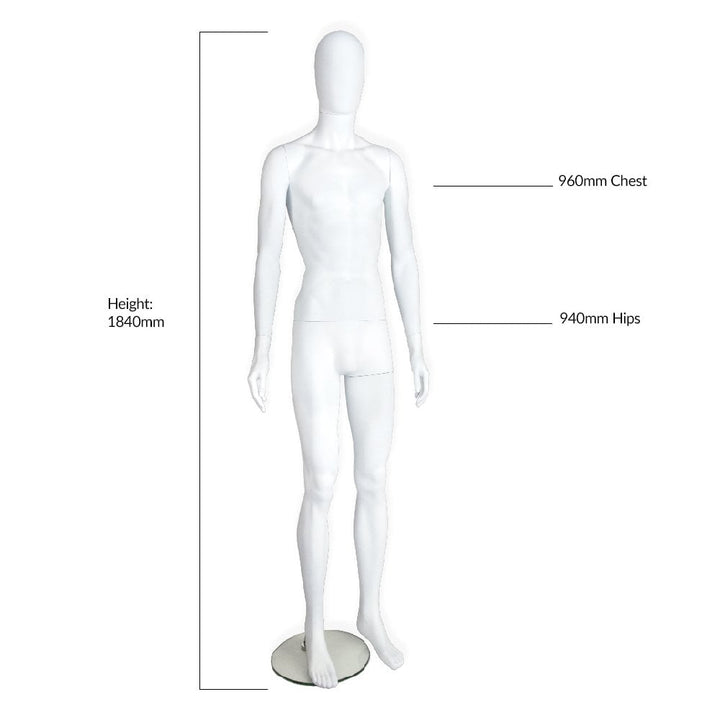 Modern upright male mannequin with a smooth egg head and matt white finish, ideal for shop displays.
