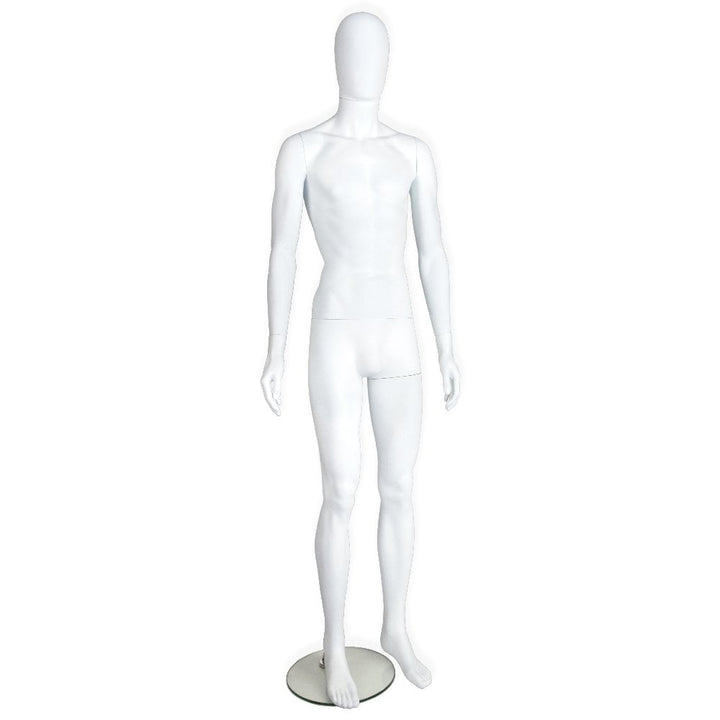Matt white egg head male mannequin in an upright pose, perfect for retail displays and fashion showcases.
