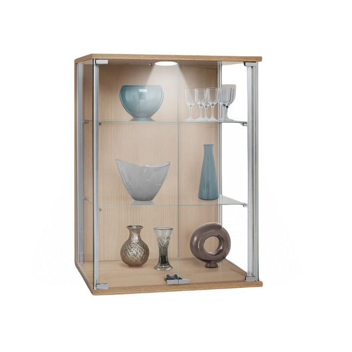 Wood effect wall cabinet – 600mm oak display unit with 2 adjustable glass shelves and dual door access