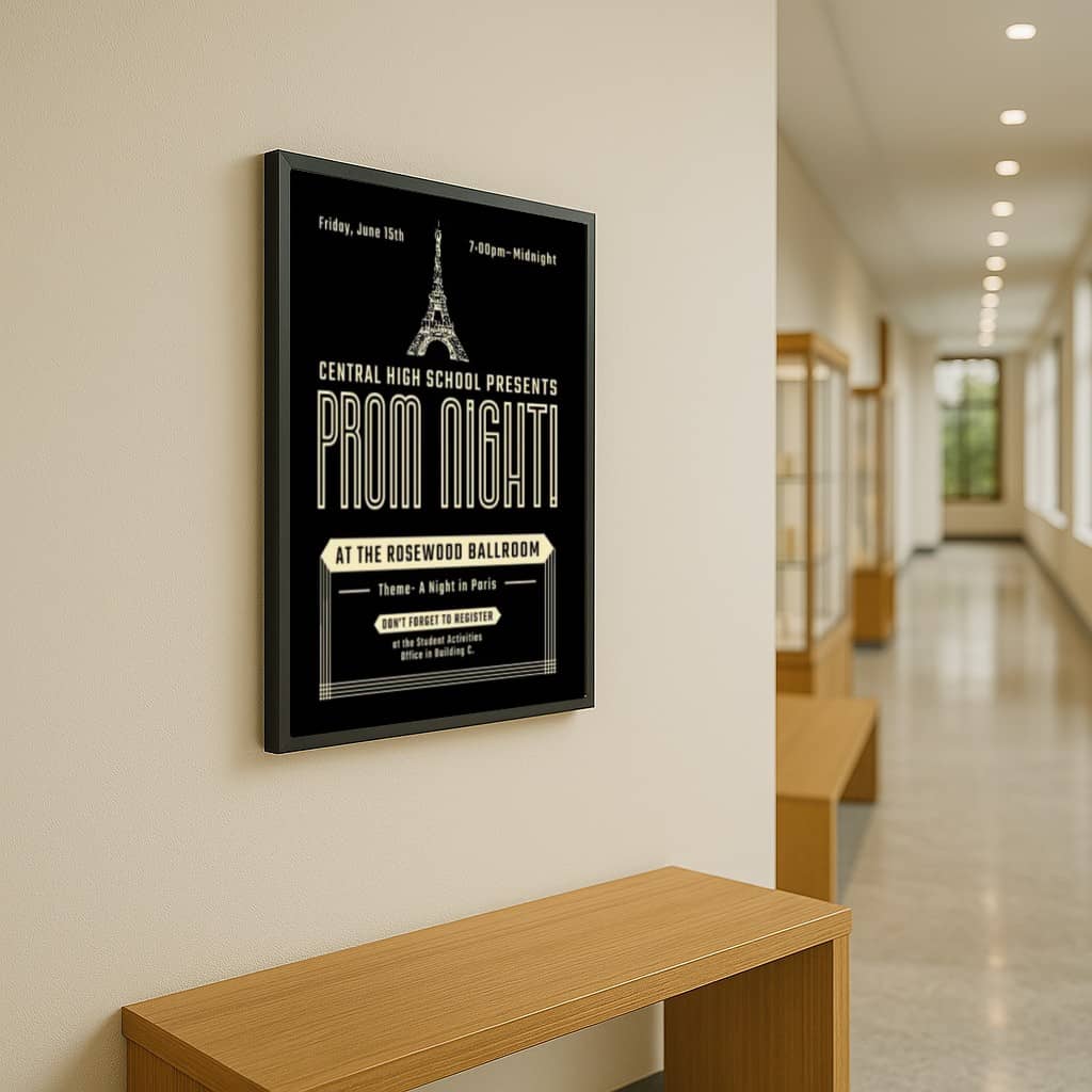 Set of 12 A3 black aluminium poster frames with durable plexiglass front, designed for versatile wall hanging.
