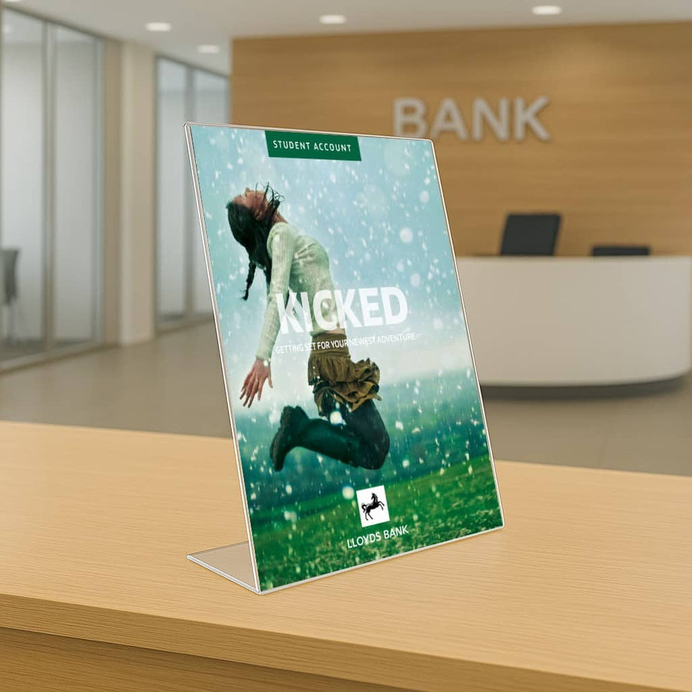 Pack of 12 acrylic A4 literature holders in portrait orientation, perfect for displaying brochures, leaflets, and magazines.
