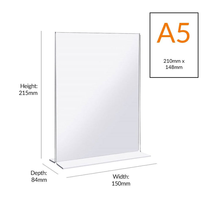 Clear A5 acrylic leaflet stand – portrait, double-sided, supplied in a 12-pack for commercial use