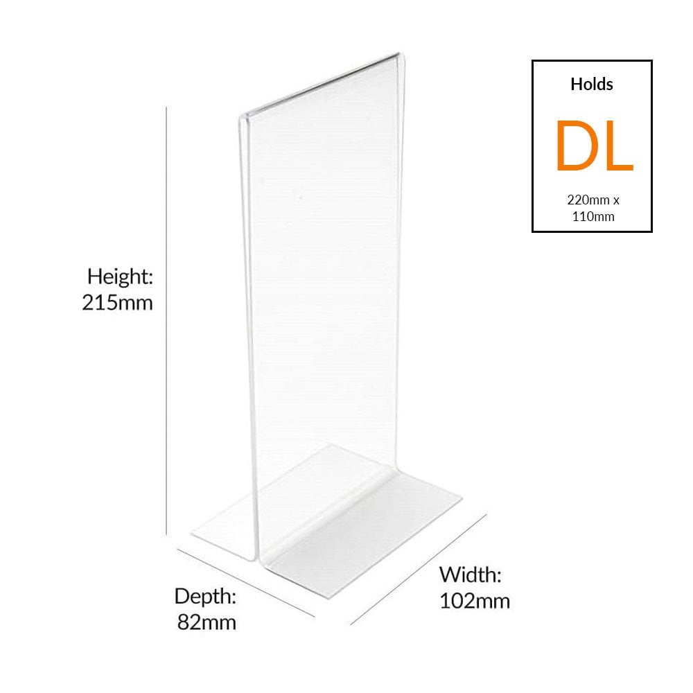 Durable DL acrylic literature holders, pack of 12, designed for double-sided portrait display of flyers and promotional materials.
