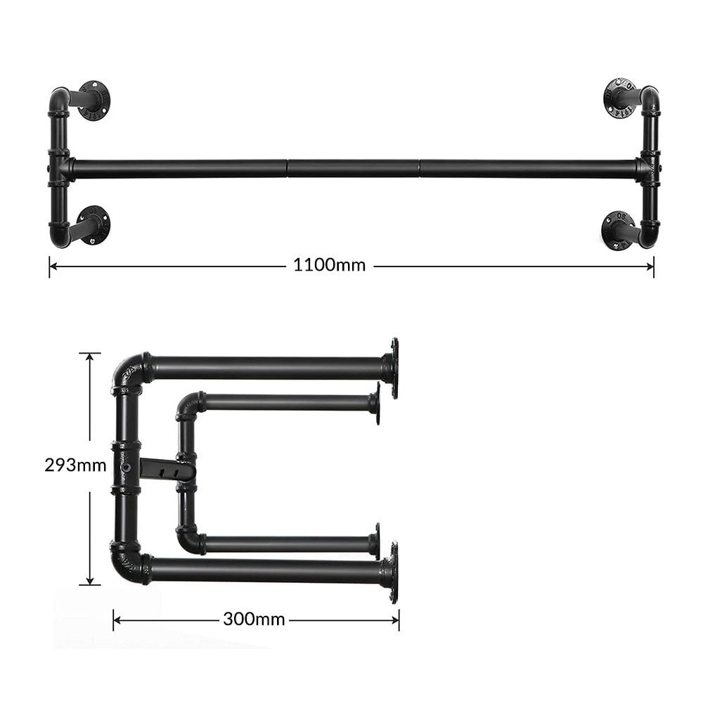 Stylish and sturdy pack of two black wall-mounted industrial pipe hanging rails, 1100mm wide, ideal for home or retail use.