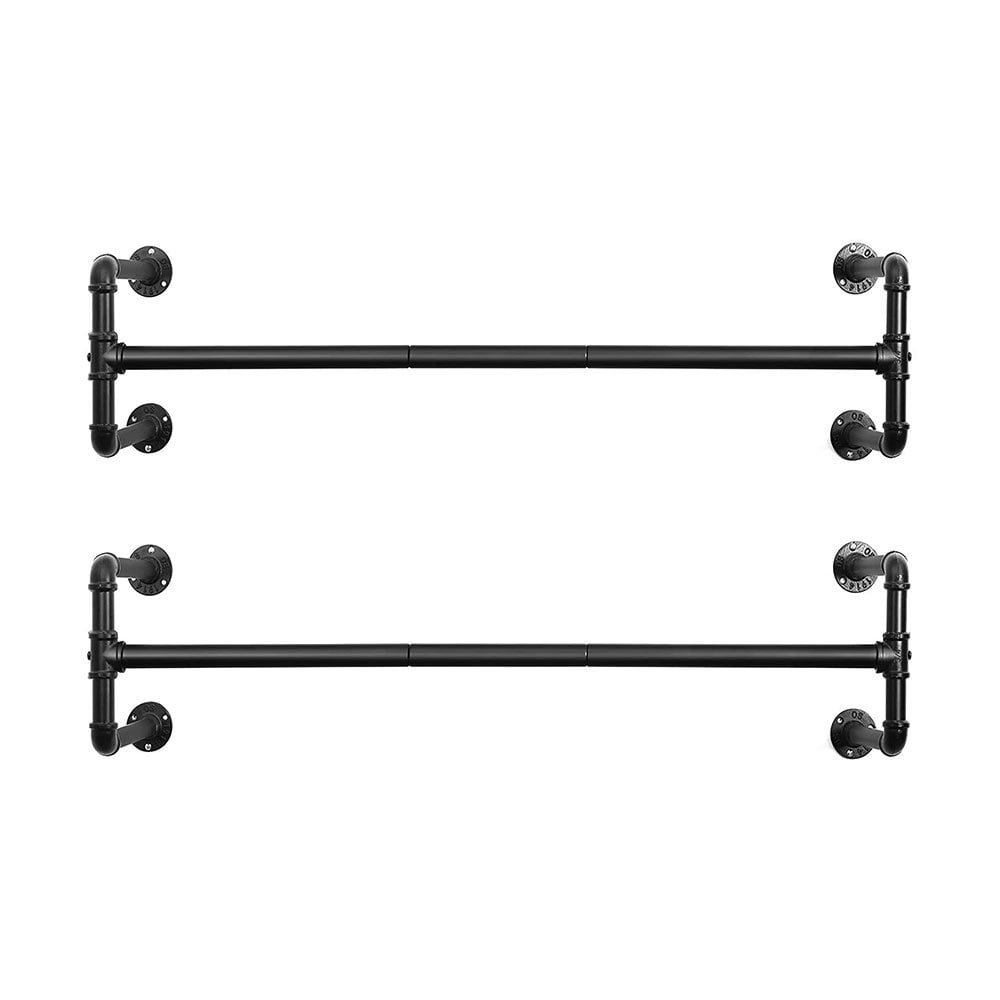 Pack of two black wall-mounted industrial pipe hanging rails, 1100mm width, perfect for organising clothing with a modern touch.
