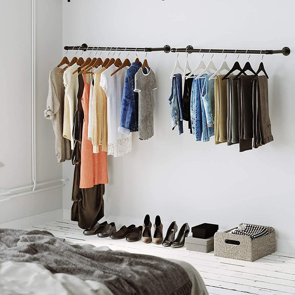 Pack of 2 black wall-mounted industrial pipe clothes rails, 920mm wide, perfect for stylish and sturdy garment storage.
