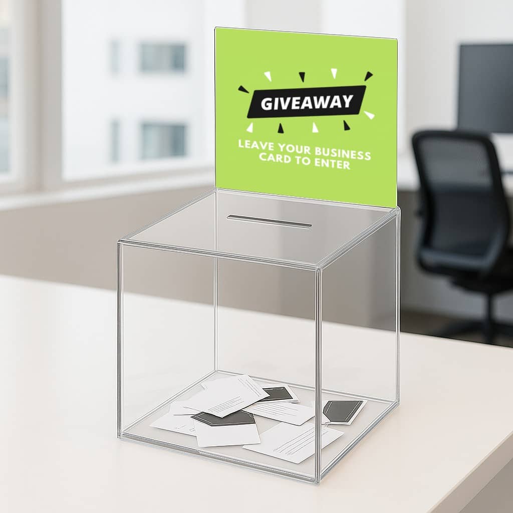 Set of two medium transparent acrylic suggestion boxes, each with an insert slot, perfect for gathering ideas or comments.