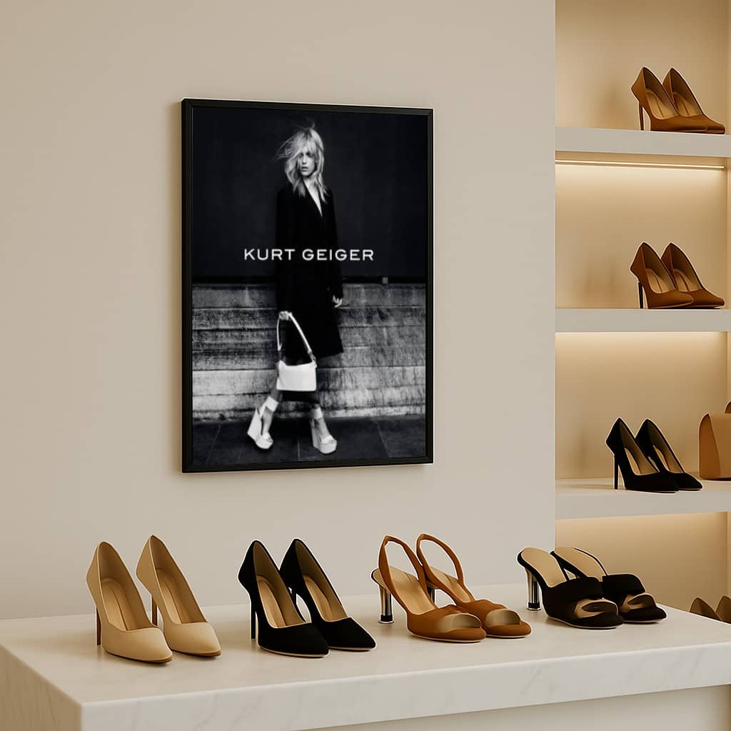 Set of 8 A2 black aluminium poster frames with shatter-resistant plexiglass front, ideal for professional wall display.
