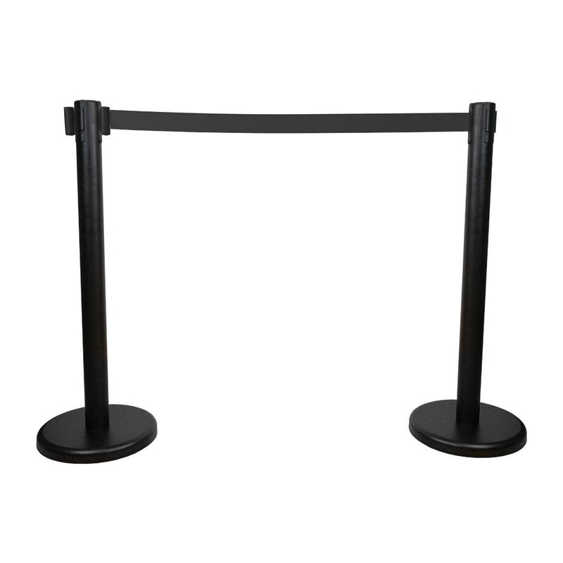 Pair of Black Retractable Queuing Barrier Post with Black Belts - 2.0m