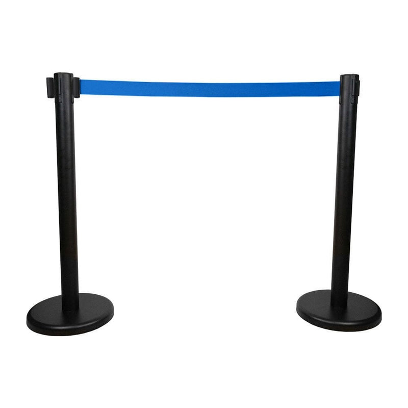 Pair of Black Retractable Queuing Barrier Post with Blue Belts - 2.0m