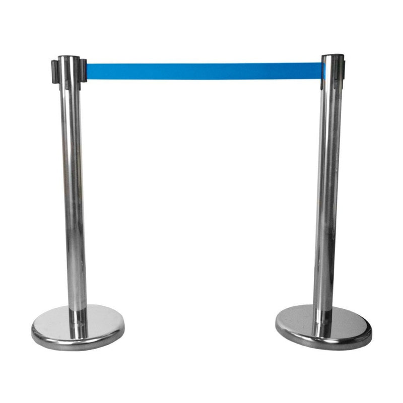 Pair of Chrome Retractable Queuing Barrier Posts with Blue Belt - 2.0m