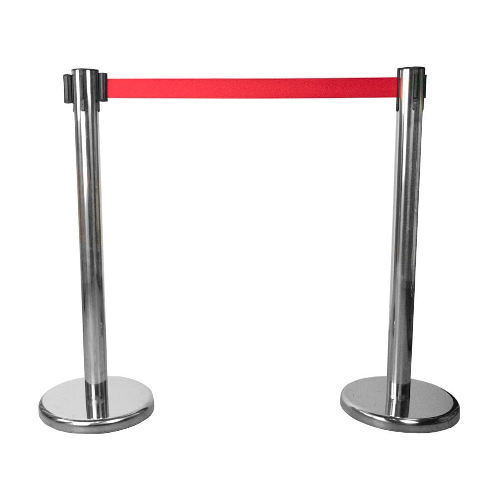 Pair of Retractable Queuing Barrier Posts with Red Belt - 2.0m