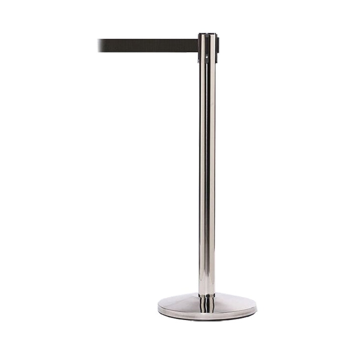 Polished stainless steel retractable barrier with a 3.4m black belt, ideal for queue management and crowd control.
