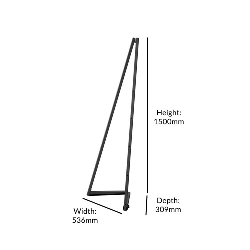 Sturdy and portable black steel easel with adjustable height, designed for chalkboards and snap frames, dimensions 1500mm x 536mm.
