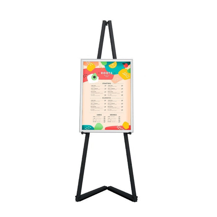 Portable black steel easel with height adjustment, ideal for chalkboards and snap frames, measuring 1500mm high by 536mm wide.
