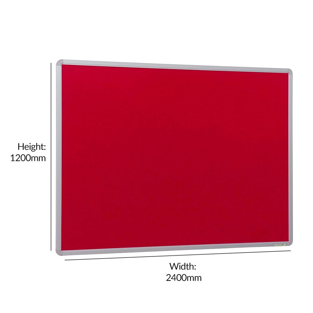 2400 x 1200mm red felt noticeboard with a strong aluminium frame, designed for pinning up notices and documents in expansive areas.







