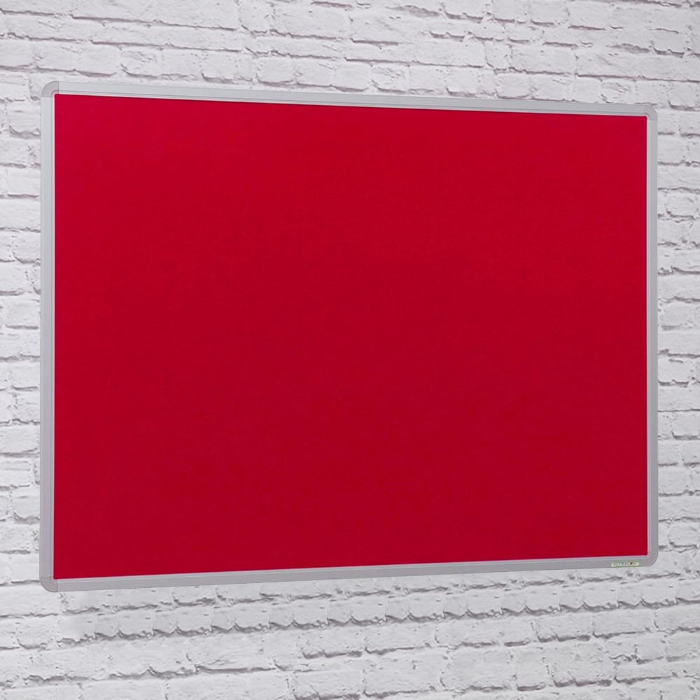 Red felt noticeboard with an aluminium frame, measuring 2400 x 1200mm.


