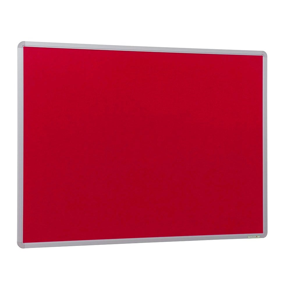 Red felt noticeboard framed in sleek aluminium, measuring 2400 x 1200mm, perfect for brightening up larger office or classroom spaces.

