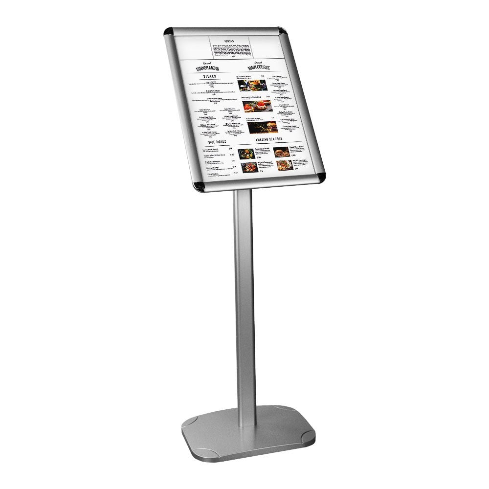 Freestanding A3 snap frame poster stand in silver, featuring a 25mm mitred frame and adjustable portrait or landscape orientation, 1075mm H x 326mm W.