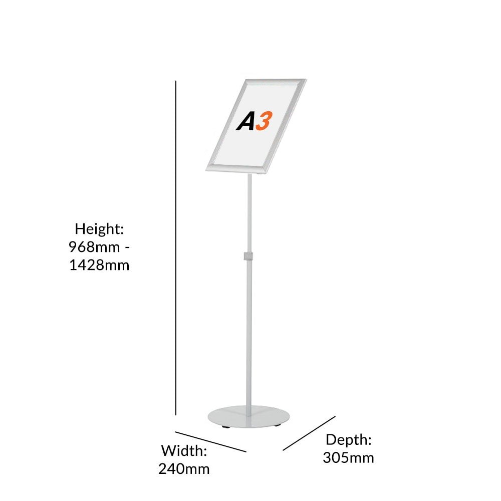 Modern silver A3 floor-standing display stand with a telescopic pole and fully adjustable snap frame, measuring 327mm wide x 1428mm high.
