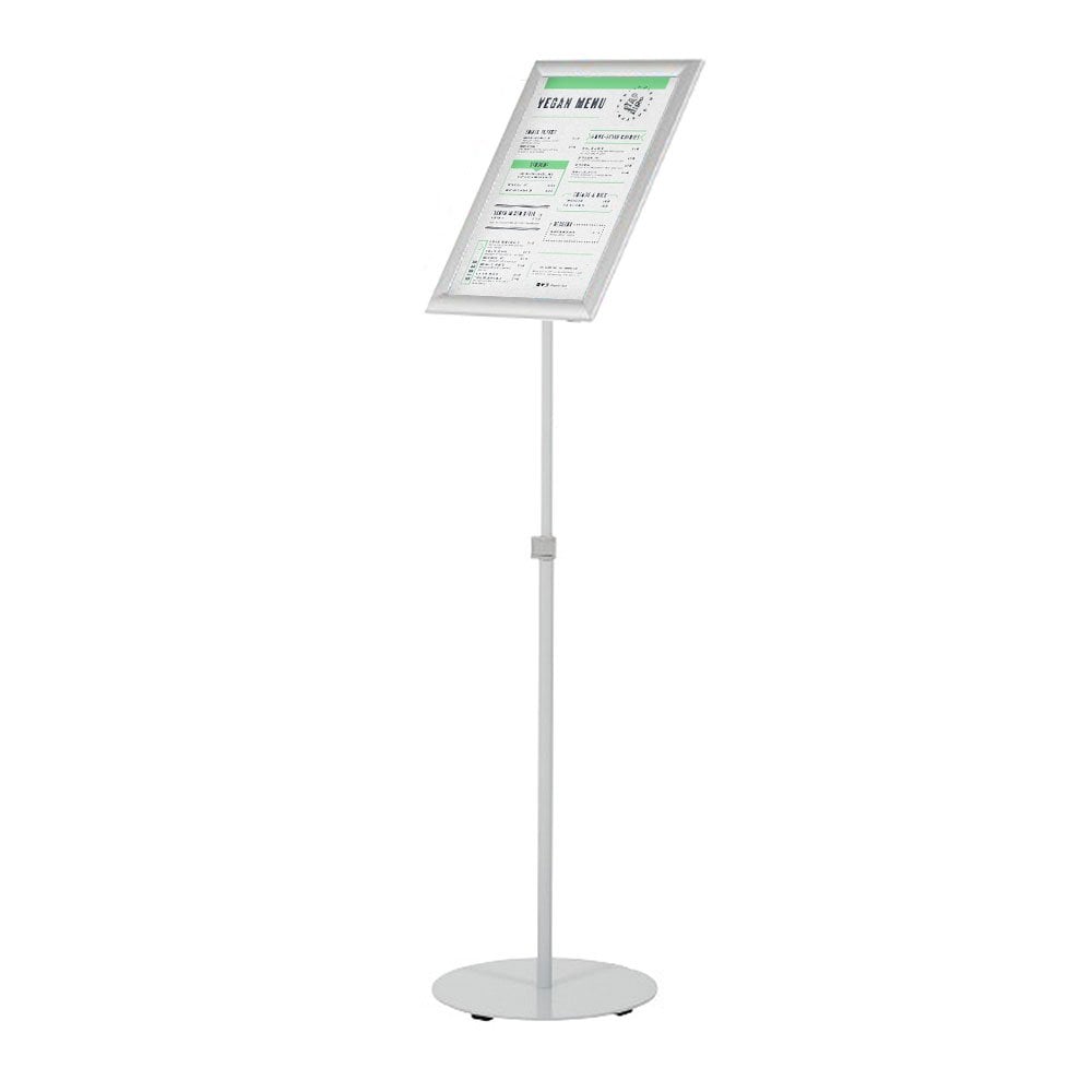 Silver A3 fully adjustable snap frame floor-standing aluminium poster display stand with a telescopic pole, 327mm wide x 1428mm high.
