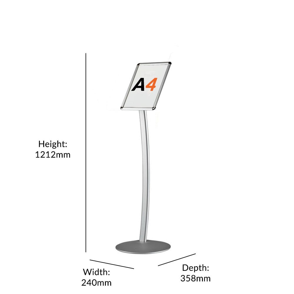 Sleek and sturdy A4 poster display stand with a curved silver aluminium snap frame, ideal for floor-standing presentations, 240mm x 1212mm.
