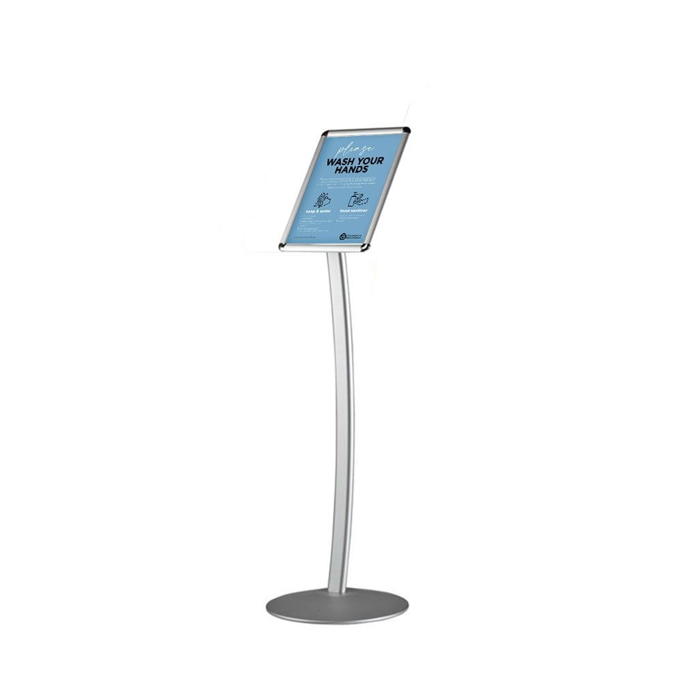 Modern aluminium snap frame poster stand in silver, floor-standing with a curved design, 240mm wide x 1212mm high.
