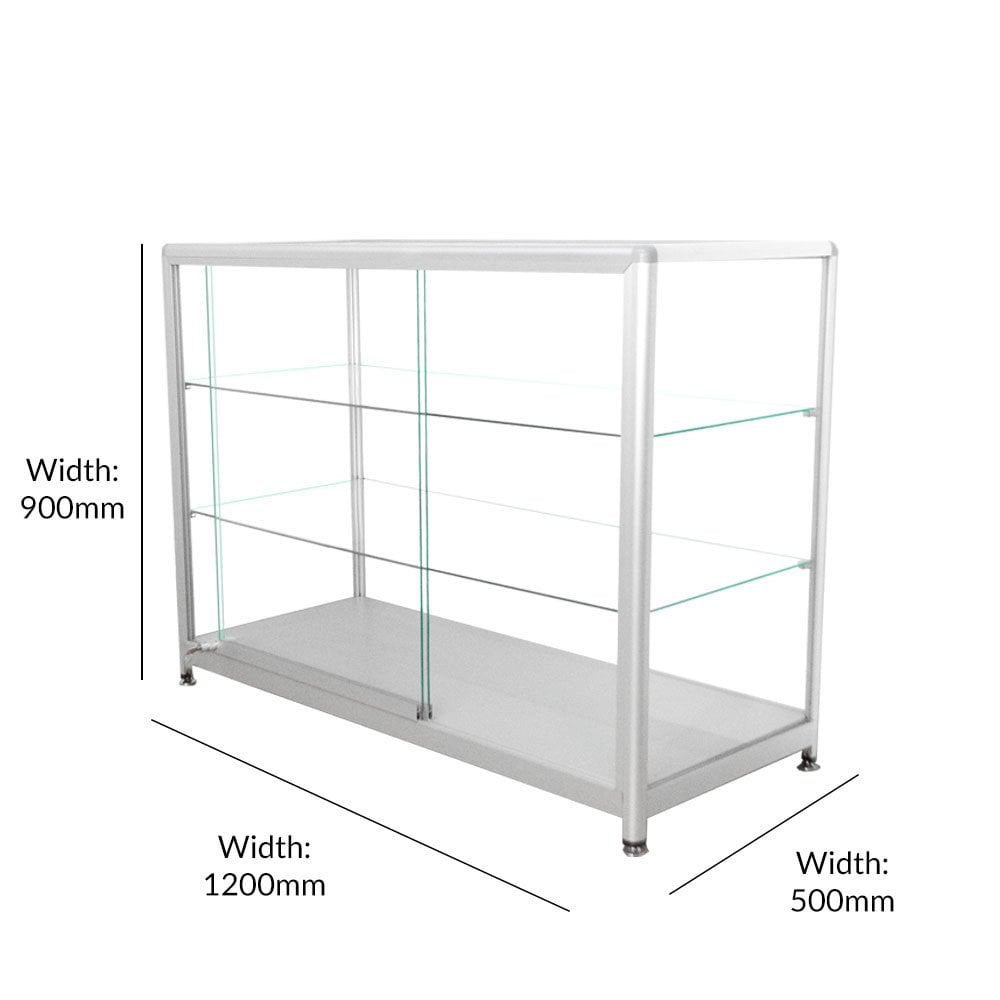 Premium glass counter display cabinet with a silver aluminium frame, two spacious shelves, and lockable sliding doors, 1200mm x 500mm.
