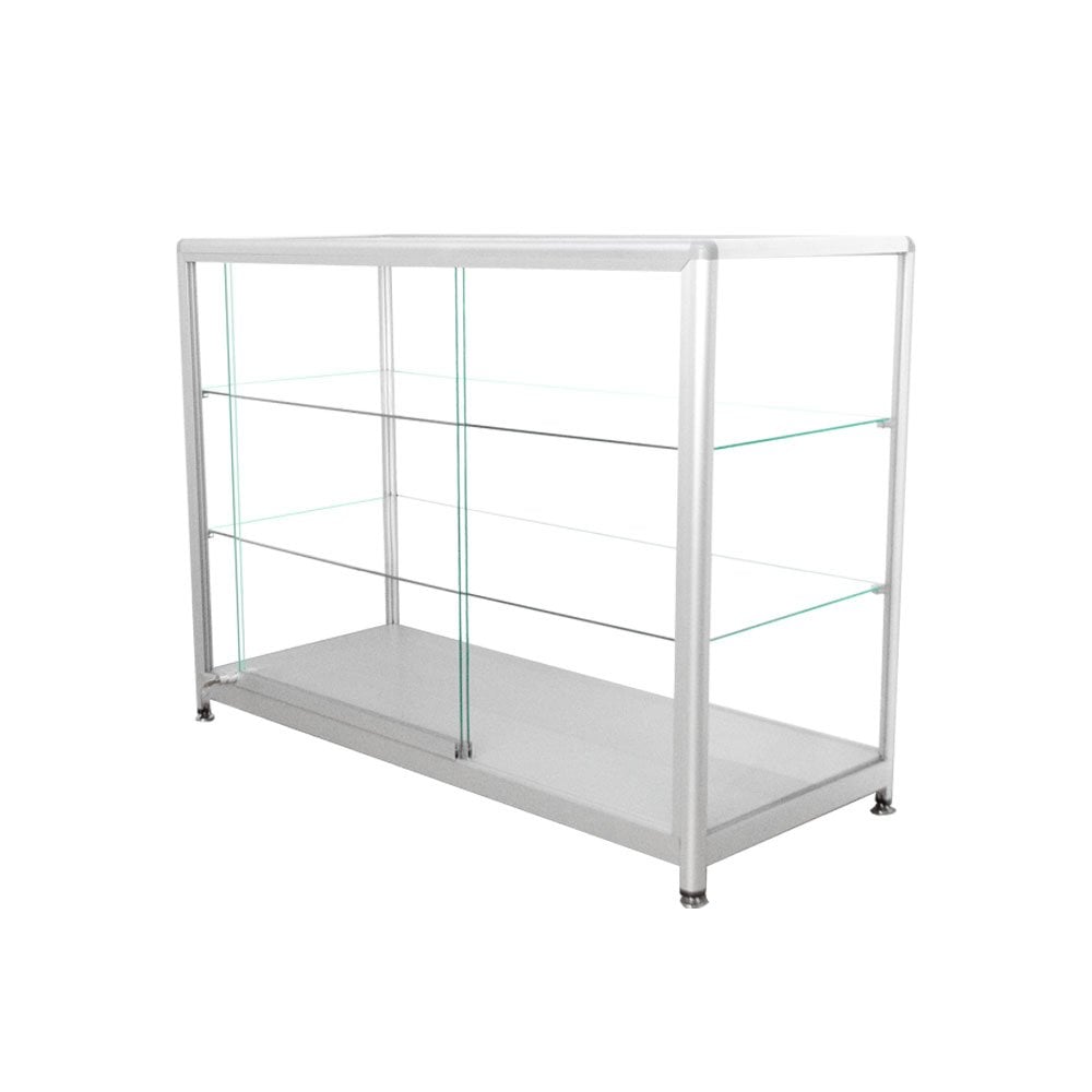 Compact and stylish silver aluminium display counter with glass panels, two shelves, and secure sliding doors, measuring 1200mm by 500mm.
