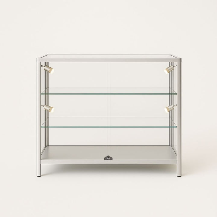 1000mm silver glass display counter – LED-lit retail cabinet with secure sliding doors for jewellery or tech setups
