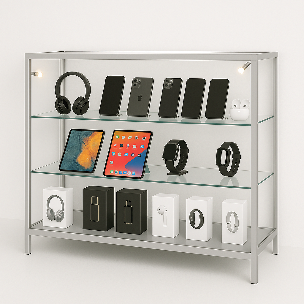 Modern lockable glass counter display cabinet with a silver aluminium frame, sliding doors, and eight LED spotlights, size 1200mm x 500mm.