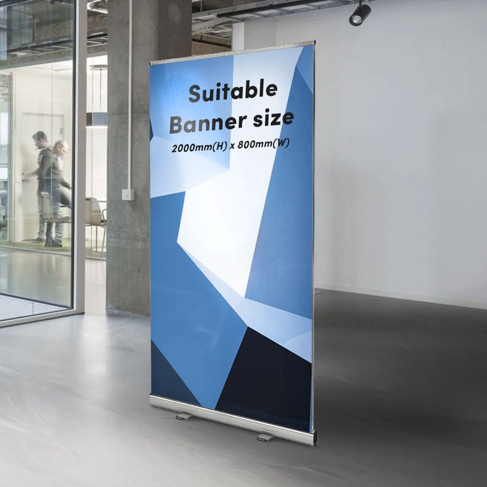 A sleek silver aluminium roller banner stand, designed to securely hold 2000mm high x 800mm wide banners, perfect for exhibitions, trade shows, and promotional displays.
