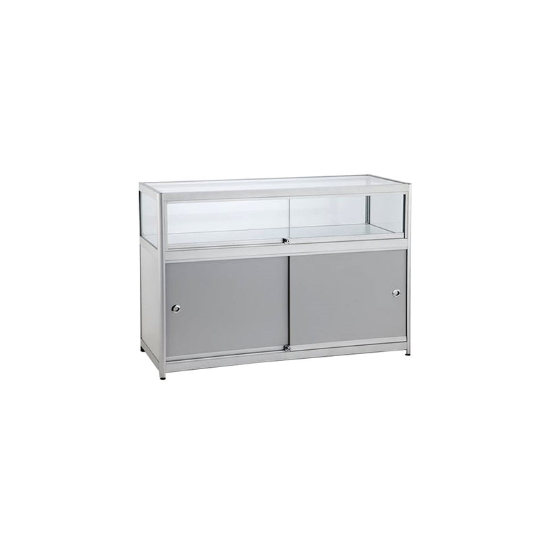 Silver Aluminium Glass Counter Display Cabinet with 4 LED Spotlights & Lockable Storage Compartment - 1200 x 500mm
