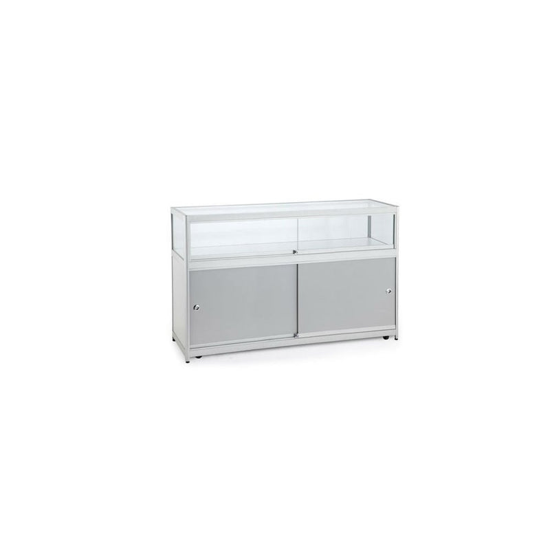 Silver Aluminium Glass Counter Display Cabinet with 4 LED Spotlights & Lockable Storage Compartment - 1200 x 600mm