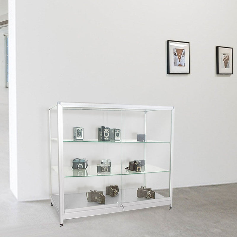 Silver Aluminium Glass Counter Display Cabinet with 2 Shelves & Lockable Sliding Doors - 1000 x 500mm