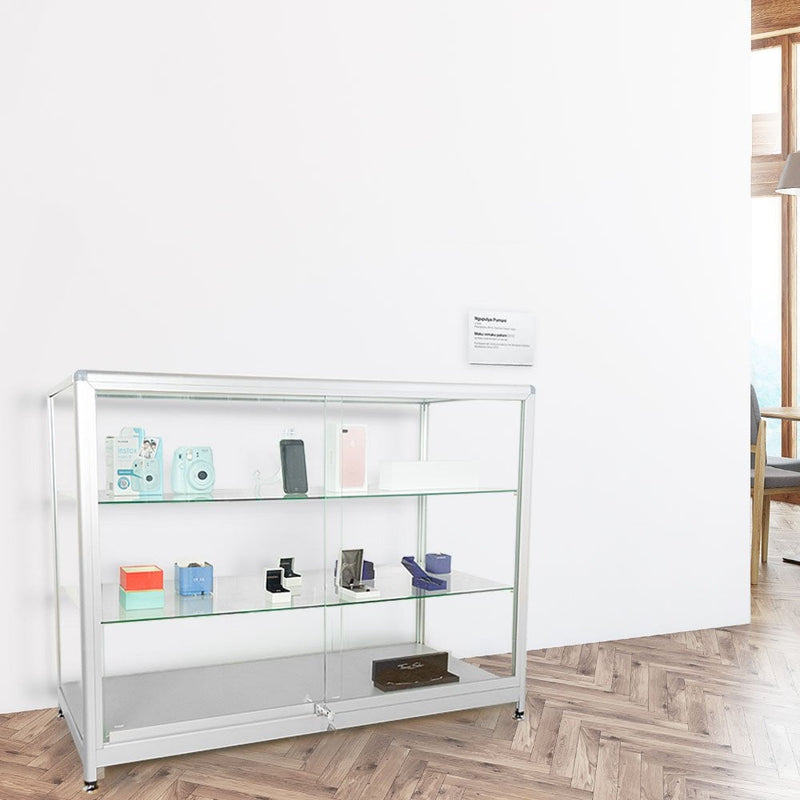 Silver Aluminium Glass Counter Display Cabinet with 2 Shelves & Lockable Sliding Doors - 1200 x 500mm