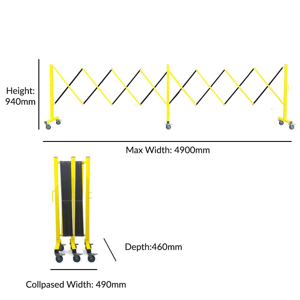 4.9m yellow steel retractable barricade, robust and weather-resistant, ideal for work zones and public safety.
